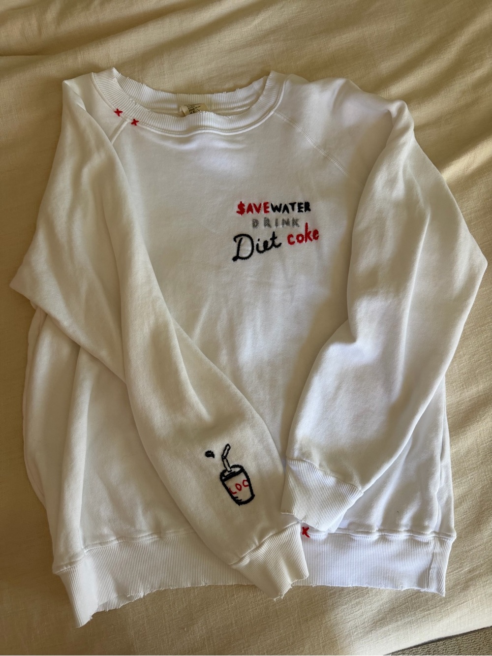 White Crewneck Sweatshirt with Embroidered 'Diet Coke' Slogan
